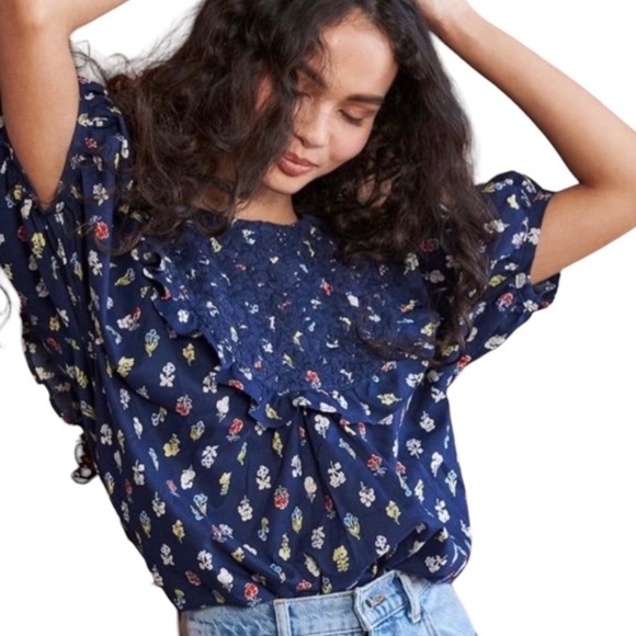 Mi Golondrina Tops - Mi Golondrina Navy Blue Floral Embroidered Ruffle Blouse